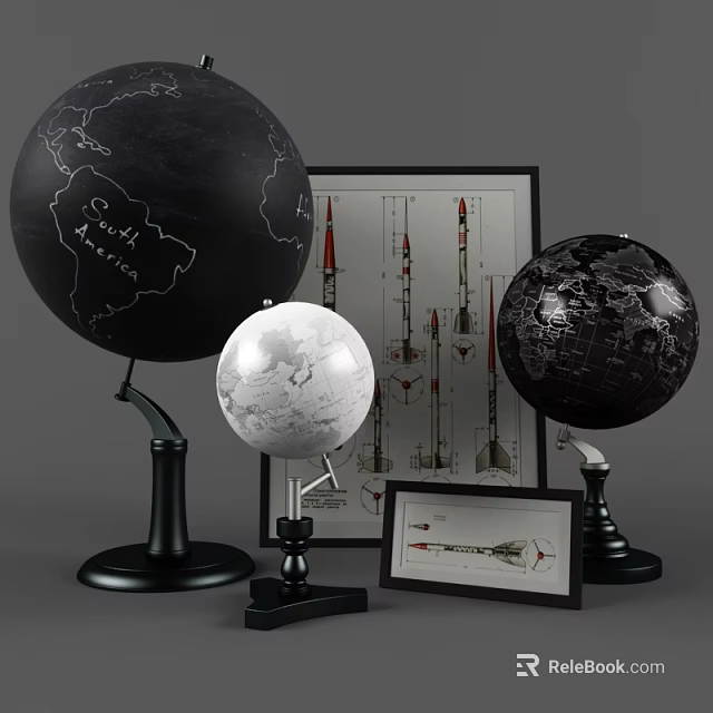Decorative Ornament Set Featuring Black White Globes And Rocket Design Prints 3d model