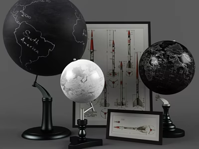 Decorative Ornament Set Featuring Black White Globes And Rocket Design Prints 3d model