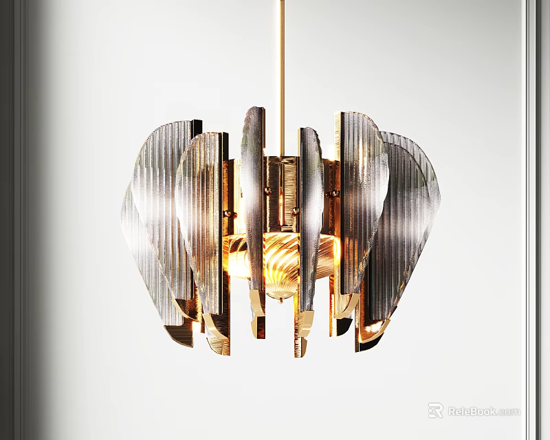 Modern Metallic Chandelier Featuring Geometric Leaf Shaped Panels And Stylish Lighting Effect 3d model 