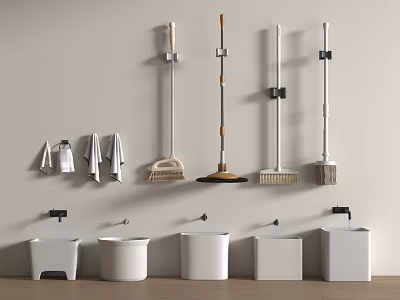 Bathroom Accessories Including Wall Mounted Cleaning Tools Towels And White Wash Basins 3d model
