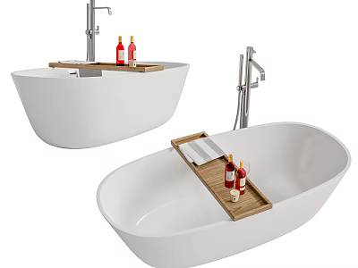 Stylish White Bathtub With Wooden Shelf Red Bottles And Modern Faucet Design 3d model