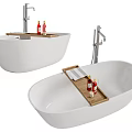 Stylish White Bathtub With Wooden Shelf Red Bottles And Modern Faucet Design