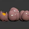 Household Pink Decorative Eggs With Angry Faces And Broken One Showing Yolk Inside
