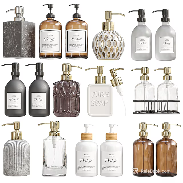 Stylish Decorative Soap Dispensers And Perfume Bottles With Diverse Designs And Gold Pumps 3d model 