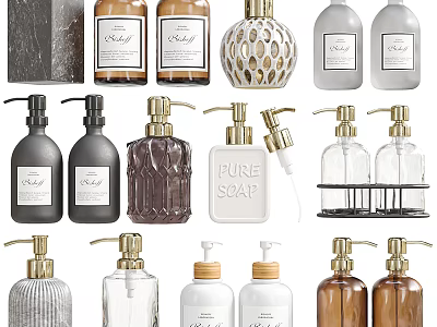 Stylish Decorative Soap Dispensers And Perfume Bottles With Diverse Designs And Gold Pumps 3d model