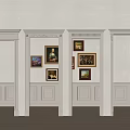 Elegant White Wall Interior With Decorative Columns And Multiple Framed Artworks 3d model