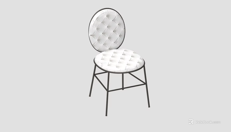 Modern White Tufted Stool with Round Backrest and Black Metal Legs 3d model 