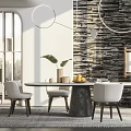 Modern Dining Table Set With Round Table White Chairs Stone Wall And Pendant Lights 3d model