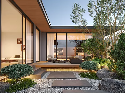 Modern Courtyard Garden With Outdoor Seating Stone Path Lush Greenery Glass Doors And Warm Lighting 3d model