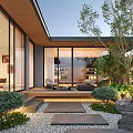 Modern Courtyard Garden With Outdoor Seating Stone Path Lush Greenery Glass Doors And Warm Lighting