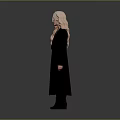 Woman With Long Blonde Hair Standing In Black Coat And Black Boots On Gray Background