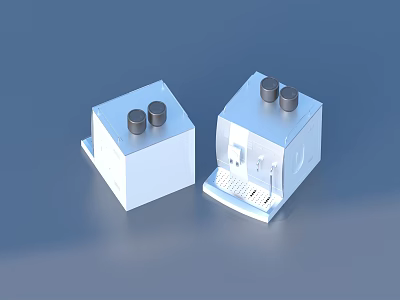 Two White Cube Model Houses With Black Chimneys And Open Base Structure 3d model