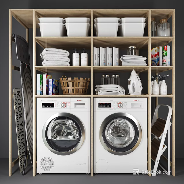 Laundry Room Storage Shelves With Washing Machines Towels Baskets Iron Foldable Chair And Cleaning Supplies 3d model 