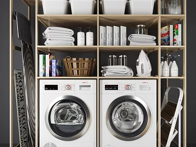 Laundry Room Storage Shelves With Washing Machines Towels Baskets Iron Foldable Chair And Cleaning Supplies 3d model