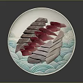 Fresh Fish Sashimi Slices In Various Colors On Blue Wave Patterned Plate 3d model