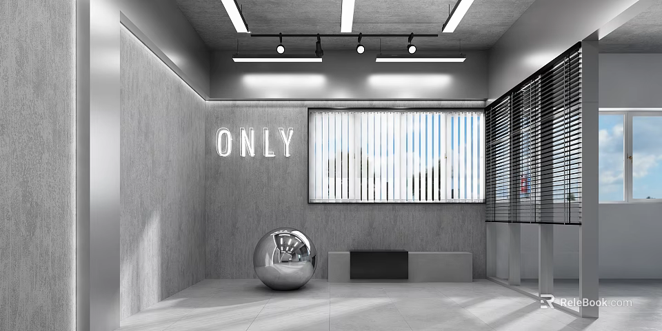 Public Office Space Featuring Gray Walls White ONLY Sign Blinds Silver Sphere And Bench 3d model 