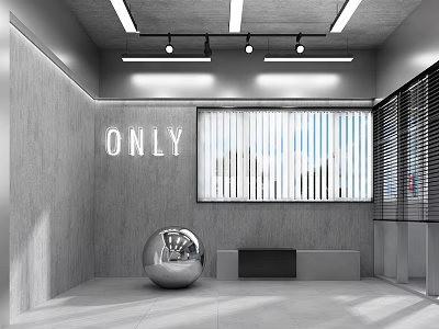 Public Office Space Featuring Gray Walls White ONLY Sign Blinds Silver Sphere And Bench 3d model