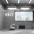 Public Office Space Featuring Gray Walls White ONLY Sign Blinds Silver Sphere And Bench