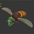 Realistic 3D Bee Model With Green Body Yellow Stripes And Transparent Wings