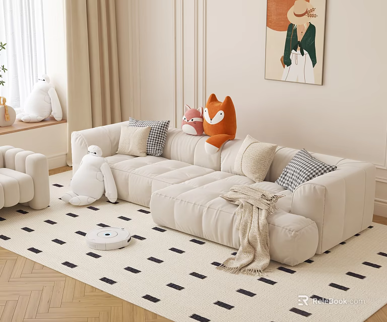 Beige Modular Sofa Set With Plush Pillows Stuffed Fox Toy And Geometric Rug 3d model 