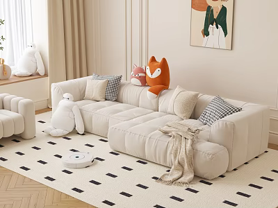 Beige Modular Sofa Set With Plush Pillows Stuffed Fox Toy And Geometric Rug 3d model
