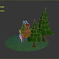 3D Model Scene With Wooden Cabin Green Pine Trees Snowy Roof And Grassy Ground