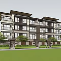 Modern Three Story Townhouse Exterior With Balconies Large Windows And Green Lawn
