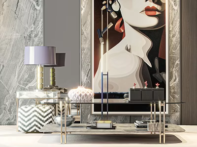 Modern Coffee Table With Glass Top And Metal Frame Near Art Painting And Table Lamp 3d model