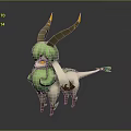 Fantasy Creature Character With Green Fur White Body Yellow Horns And Decorative Tail