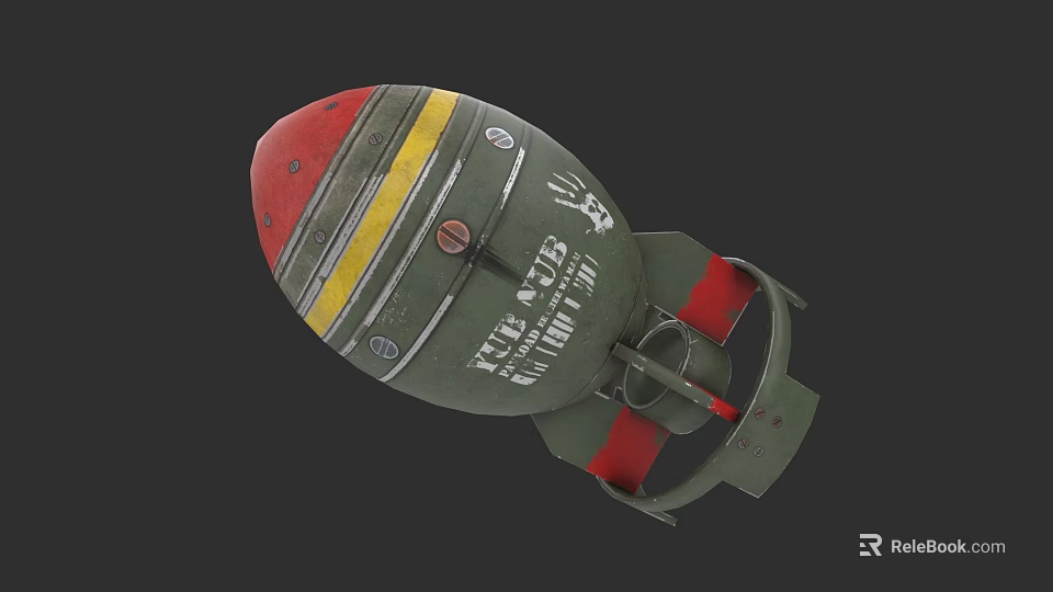 Vintage Military Bomb With Green Body Red Yellow Stripes And Stabilizer Fins 3d model 