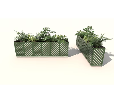 Green Rectangular Garden Planters With White Herringbone Pattern And Small Shrubs 3d model