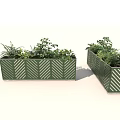 Green Rectangular Garden Planters With White Herringbone Pattern And Small Shrubs
