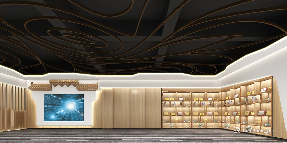 Modern Interior Space with Black Ceiling Gold Curves Traditional Screen Blue Light and Wooden Bookshelves 3d model 
