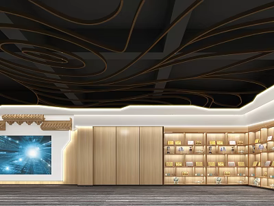 Modern Interior Space with Black Ceiling Gold Curves Traditional Screen Blue Light and Wooden Bookshelves 3d model