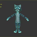 Cartoon Cat Character With Blue Black Stripes White Belly Red Nose Blue Eyes Standing Pose