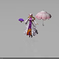 Female Character In Purple White Dress With Hat Purple Fan Pink Umbrella And Flame Patterns