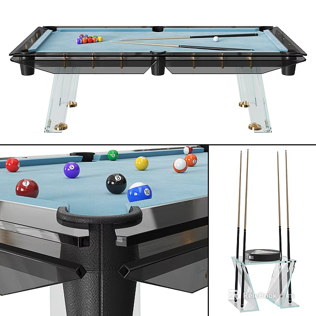Modern Entertainment Billiard Table with Transparent Legs Colorful Balls Blue Felt and Cues 3d model 