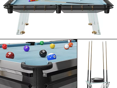 Modern Entertainment Billiard Table with Transparent Legs Colorful Balls Blue Felt and Cues 3d model