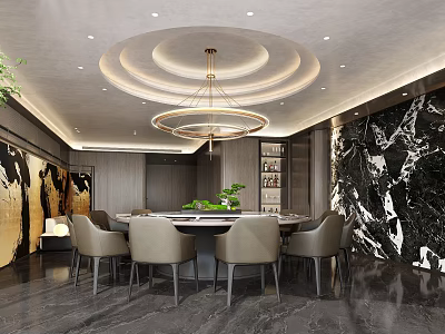Modern Luxurious Private Dining Room With Round Table Beige Chairs Layered Chandelier And Marble Wall 3d model