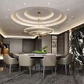 Modern Luxurious Private Dining Room With Round Table Beige Chairs Layered Chandelier And Marble Wall