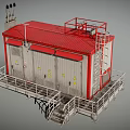 Industrial Equipment Unit With Red Frame White Body Warning Signs Metal Railings And Stairs
