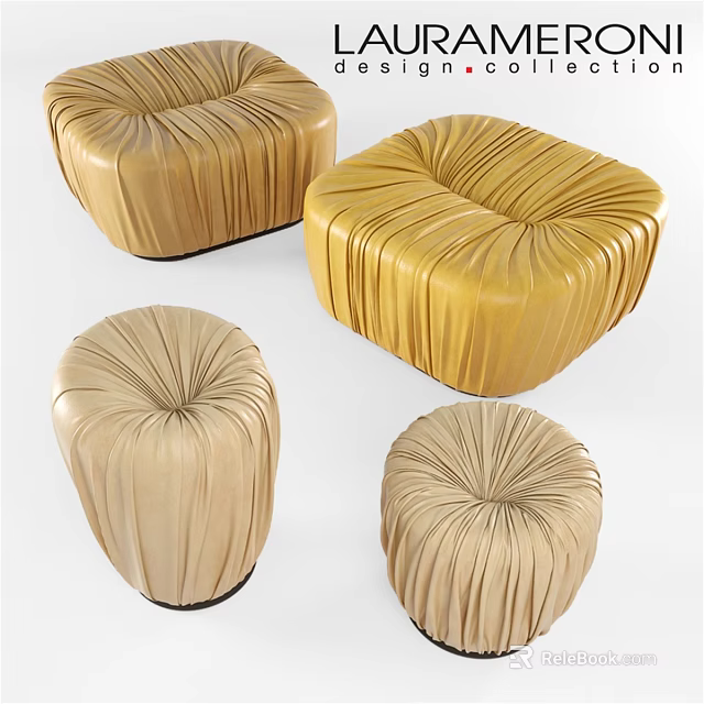 Yellow and Beige Leather Sofa Stools with Pleated Design and Square Round Shapes 3d model 