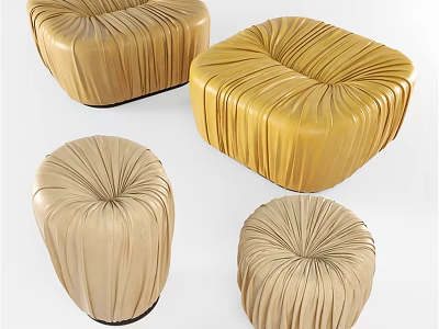 Yellow and Beige Leather Sofa Stools with Pleated Design and Square Round Shapes 3d model