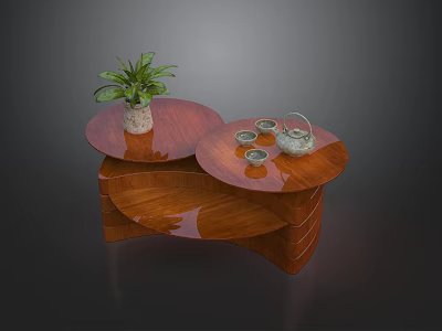Stylish Wooden Coffee Table With Double Round Top Potted Plant Teapot And Tea Cups 3d model