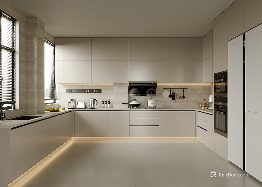 Modern Kitchen Cabinets Design With Island Counter And Appliances 3d model 