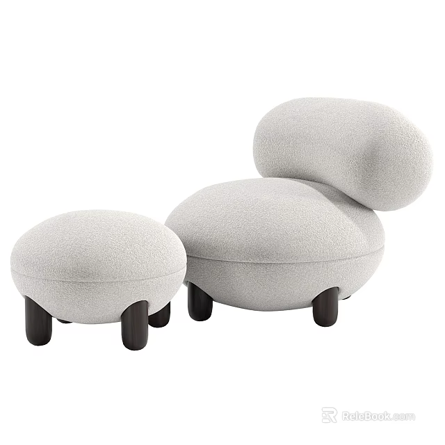 Light Gray Upholstered Bar Stools with Rounded Shape and Black Wooden Legs in Modern Design 3d model 