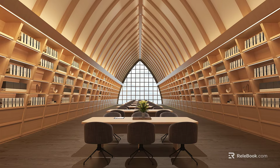 Book Art Library Space With Arched Ceiling Bookshelves Long Table And Chairs 3d model 