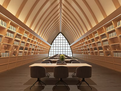 Book Art Library Space With Arched Ceiling Bookshelves Long Table And Chairs 3d model