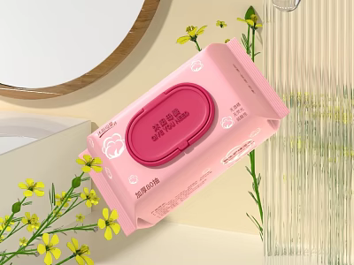 Pink Wet Toilet Paper Pack With Gentle Clean Formula And Yellow Flowers 3d model