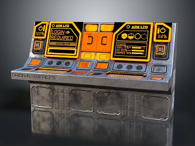 Futuristic Drone Interface Control Desk With Metallic Surface Orange Panels And Digital Screens 3d model